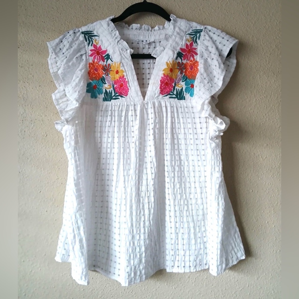 THML White Top with Colorful Floral Embroidery - EUC